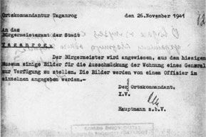 The order of the burgomaster of Taganrog About granting of pictures from a museum in the order of the general, on November, 26th, 1941